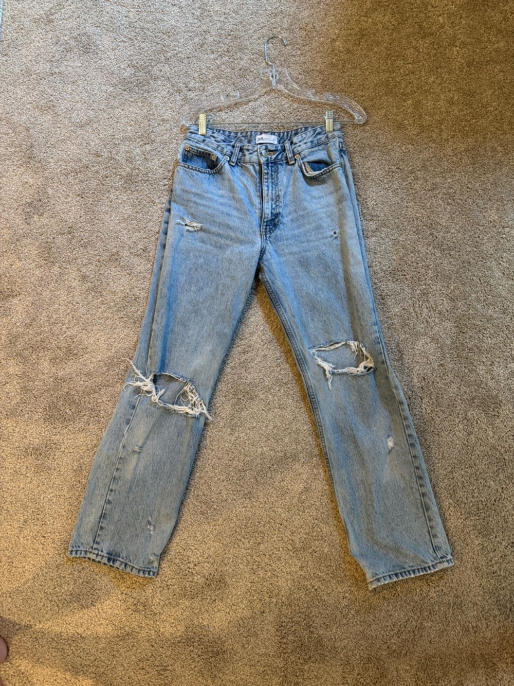 Zara Light Blue Ripped-Knee Washed Denim Jeans